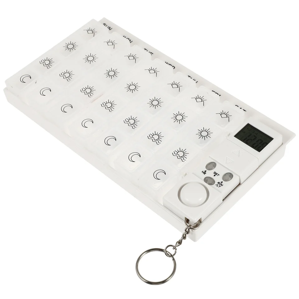 Týždenný digitálny organizátor 7 dní 28 priehradkových liekov s 5 skupinami Alarm Pripomenut a Luminous LCD zadné svetlo pre lieky