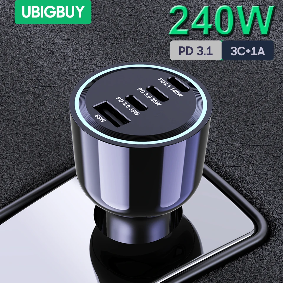 UbigBuy 240W Fast Car Charger, 4-ports USB C nabíjačka na nabíjačke, 3 Typ C PD140W pre iPhone/laptop, USB-A 65W QC3.0 pre Android