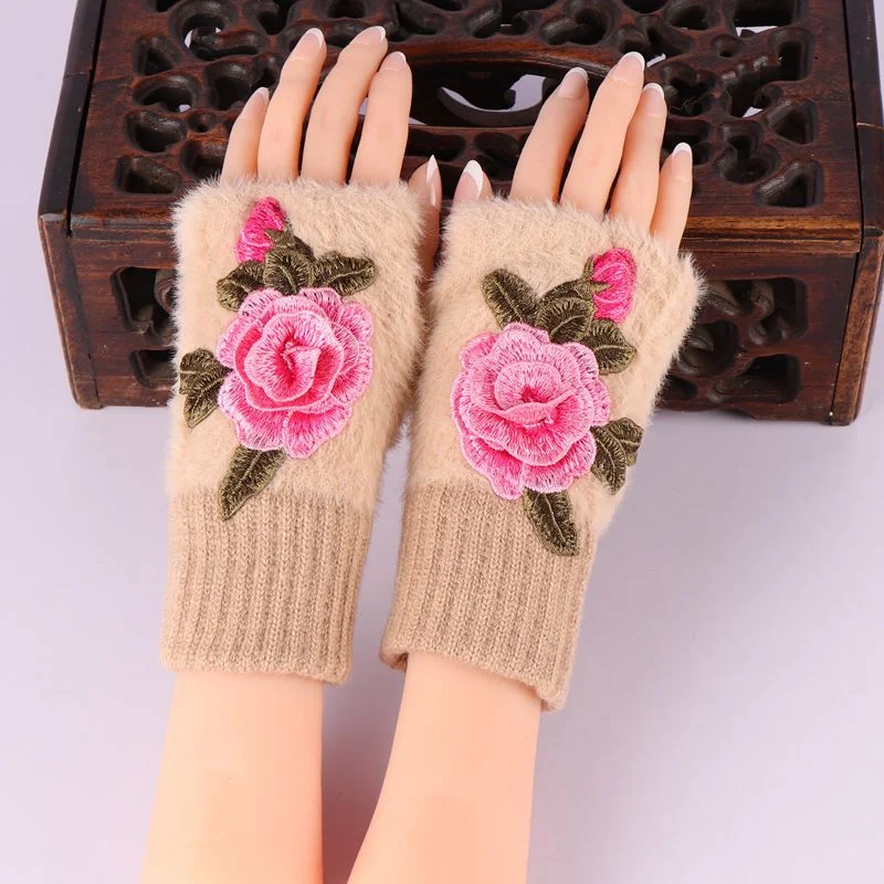Udržujte teplú zimu elegantné 3D flowe vyšívané rukavice bez prstov Žena Kórejská dotyková obrazovka Half Finger Ruka