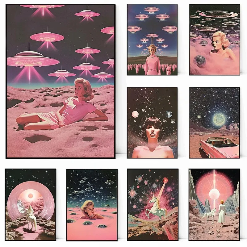 UFO s ženou vintage psychedelické ružové ružové výtlačky plátno maľba retro vesmírna nástenná maľba maľba maľba domáca izba dekor