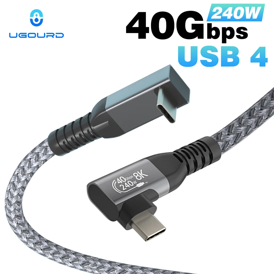 Ugourd USB 4 40 GBPS Kábel Thunderbolt4 Typ C Lett 90 stupňov uhol 240W USB C Kábel 8k muž pre mužov pre egpu SSD Box Acasis