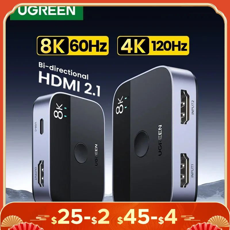 Ugreen HDMI 2.1 Splitter Switch 8K 60Hz 4K120Hz 2 v 1 Out pre TV Xiaomi Xbox Series X PS5 HDMI Monitor Monitor HDMI Monitor