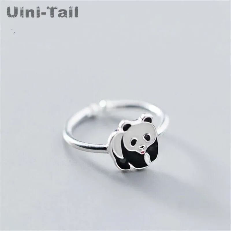 Uini-Tail Hot New 925 Tibetan Silver Cute Panda Otvorenie nastaviteľný prsteň Čína Národný poklad Sladké móda malé zviera JZ086