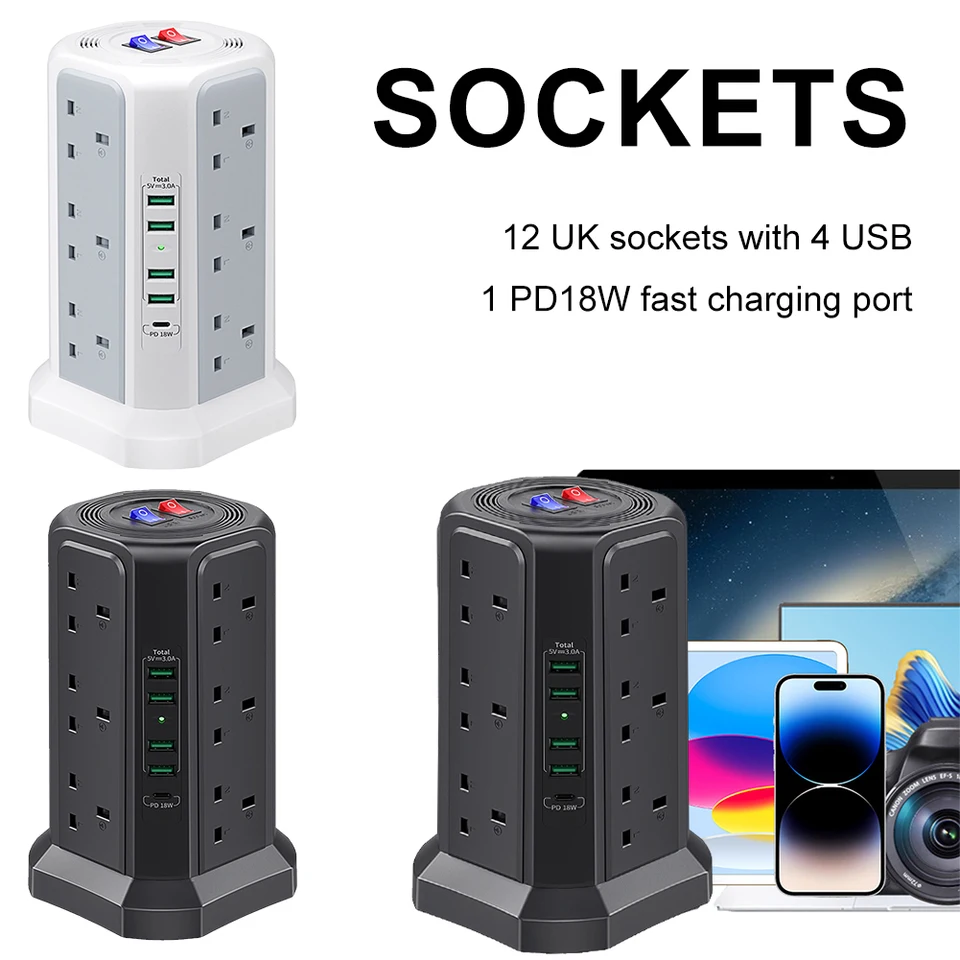 UK 1,8 milióna vežových predĺženia Vodič 13A 3250W Viacnásobný zásuvkový prúžok s prepínačom 5 portov USB a 12 -wayový vežový výkonový pás