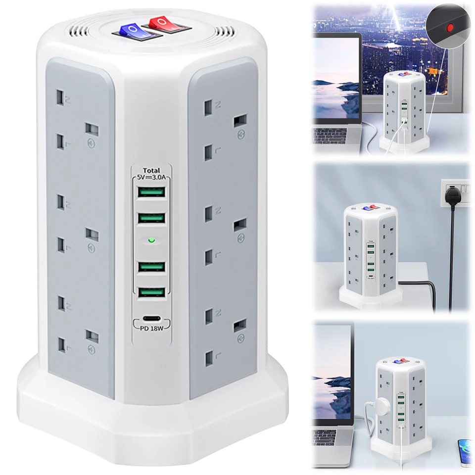 UK 1,8M VIAC Plug Socket Power Strip 13A 3250W PD18W Plug Extension Socket 5 USB porty a 12 -wayová predlžovacia veža s viacerými zástrčkami