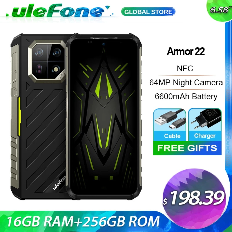 Ulefone Armor 22, 16 гб 256 г, 6,58 дюймов FHD +, 64 мп нчная камера, 33 в, 6600 мач, 4G, Android 13, NFC, 2,4K, 120HZ