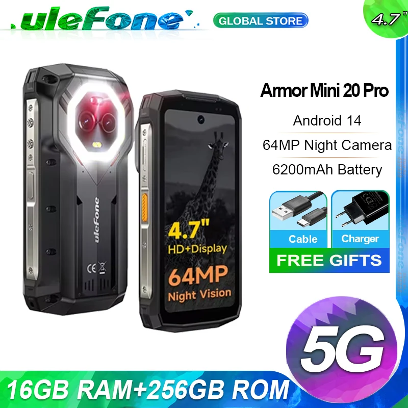 Ulefone Armor Mini 20 Pro, 16 гб (8 + 8) + 256 гб, 5G Rugged, 6200 мач, Android 14,33W Charge, 64MP nočná kamera, глобальннн версия
