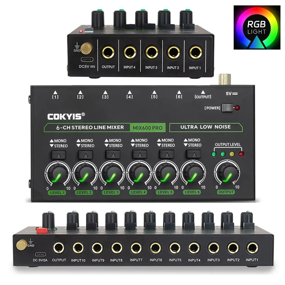Ultra nízky hluk 4/6/8 kanála Line Mixer Mini Sound Mixer Power Dodávka DC5V ľahká prevádzka Audios Mixer s osvetlením RGB