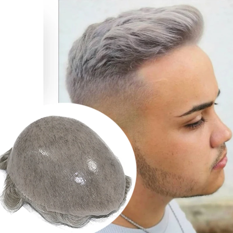 Ultra tenká pokožka 0,04 mm kremíka Transparentná pu biela blondínka šedá #550 #540 #520 Human Hair Prothesi Natural Hairline Men toupee