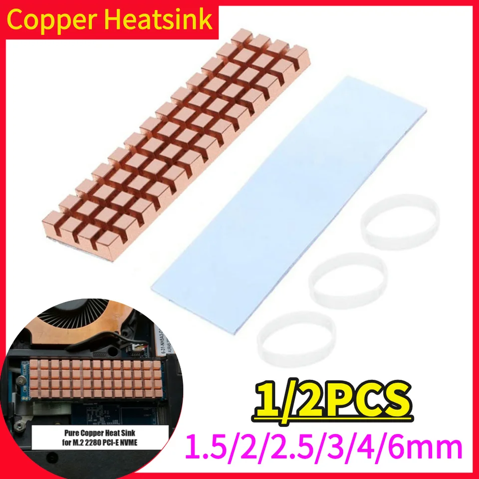 Ultra tenký čistý medený chladič chladiča chladiča SSD SSD Thermal Pat Graphene Heatsink pre M.2 2280 PCI-E NVME 1,5/2/3/4/6 mm 1/2ks