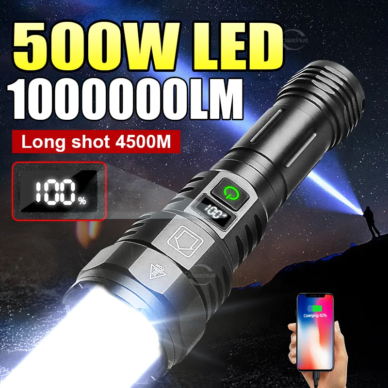 Ultra výkonná 500 W baterka High -Power LED baterky Nabíjateľné USB Zoom Torch Light Light Range Hunting Tactical Lancer