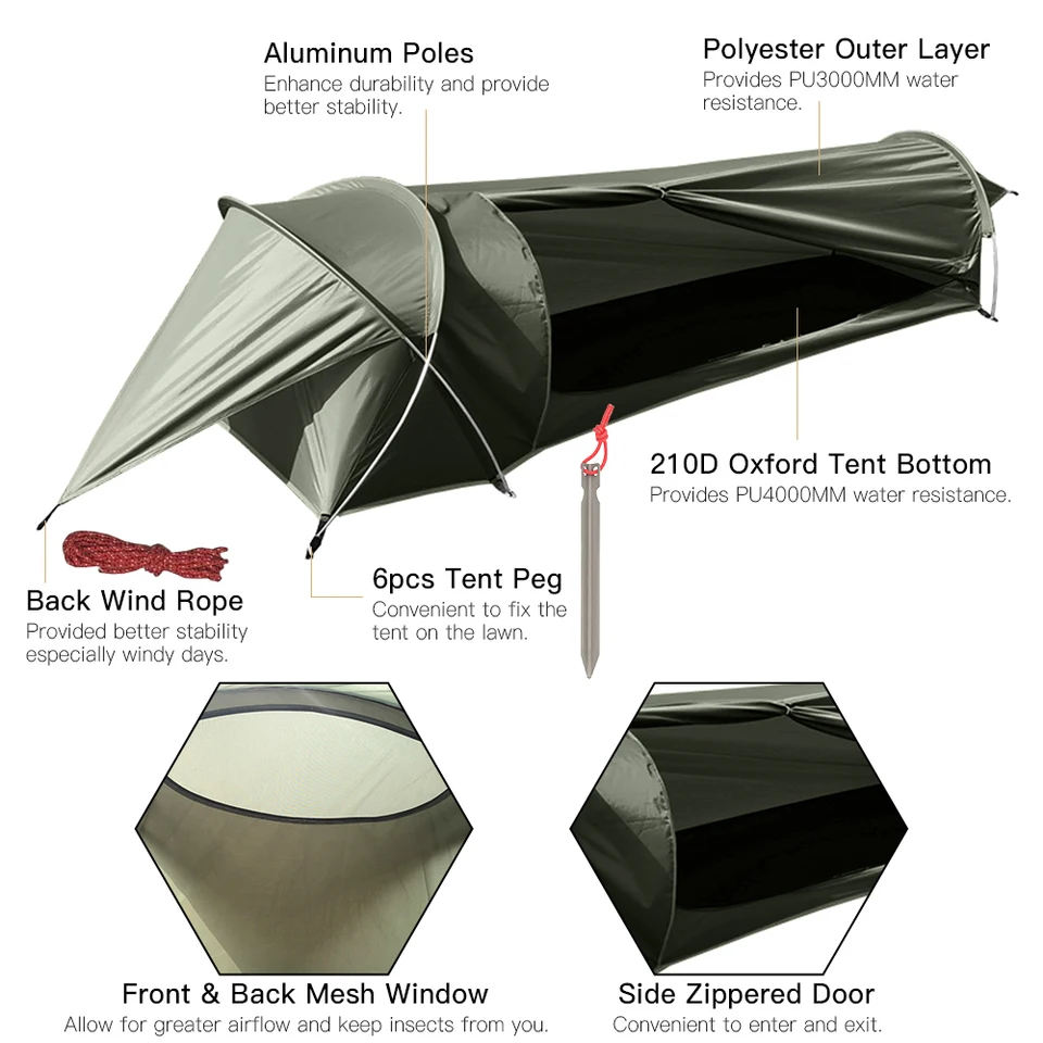Ultralight Single Osoba stan 210d Oxford Witerproof Camping Tunnel Stan pre vonkajšie batohové turistické rybolov