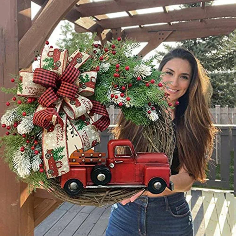 Umelý vianočný vence Rattan Red Truck Rustikálne pádové predné dvere Round Girland Simulation Berries Festive Home Decor