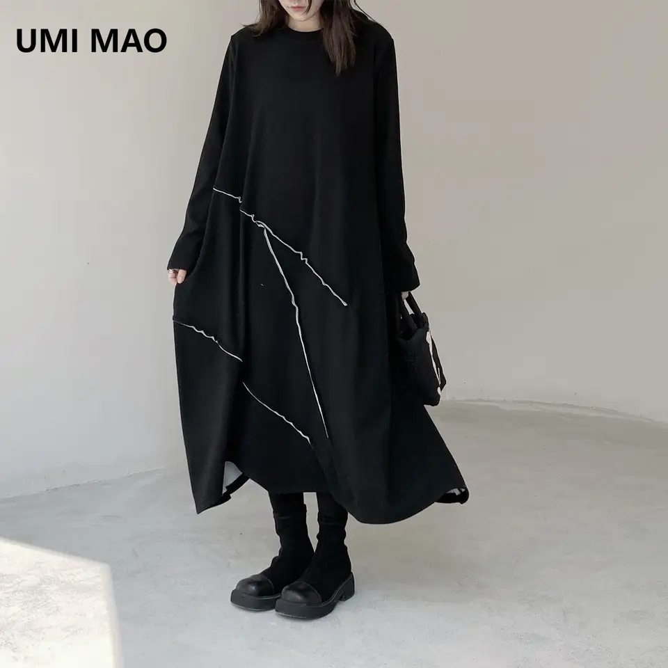 Umi mao originálny temný štýl super mäkký lepkavý kašmíru Patchwork šaty domáce kontrastné základne dlhé šaty femme y2k