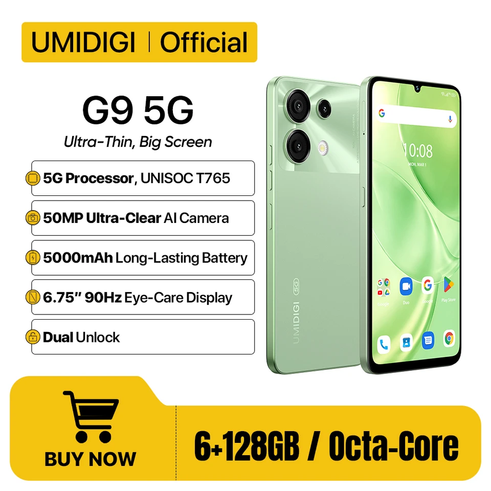 UMIDIGI G9 5G Mobilný telefón 5G Android 14 UNISOC T765 50MP Fotoaparát 6+ 128 GB 6,75 ”90Hz HD+ 5000 mAh batéria 18 W nabíjanie 5G smartfónu 5G