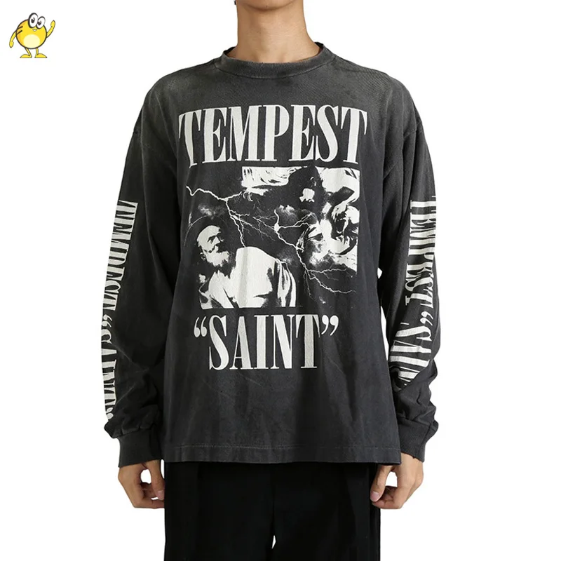 Umyl do starého nového svätého tričku s dlhým rukávom s dlhým rukávom Men Woman High Street Loose Príležitostné letné letné hip hop vrchné tričko okrúhly krk
