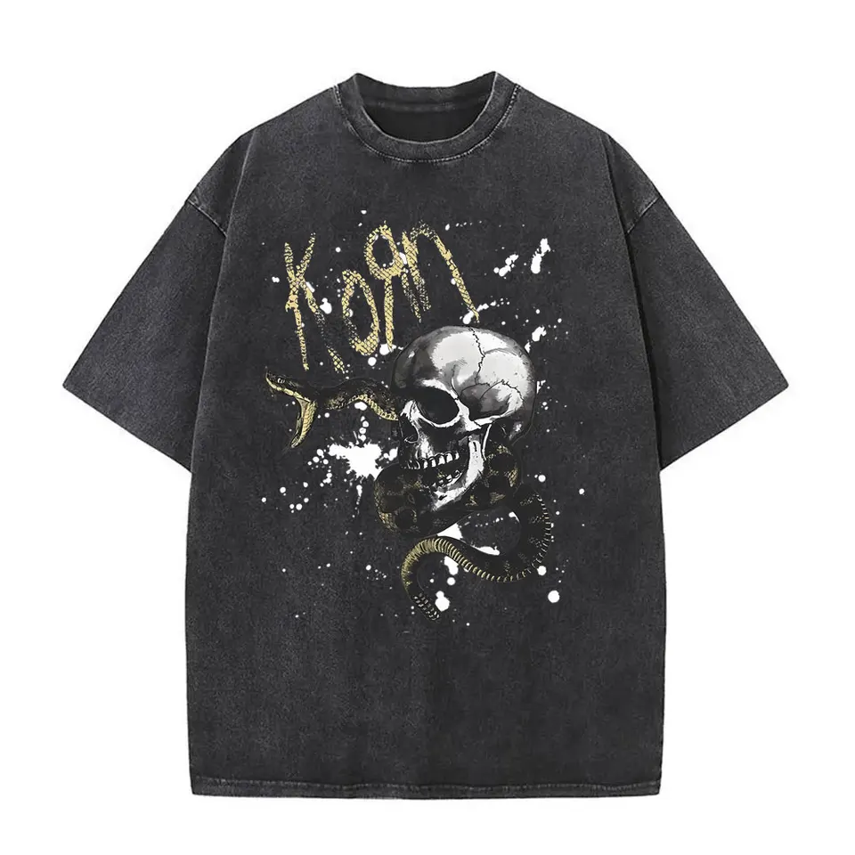 Umývaná vintage rocková skupina Korn Metal Music T-Shirt Serpent Skeleton Graphic T tričká Men hip hopové tričká mužské nadmerné tričko