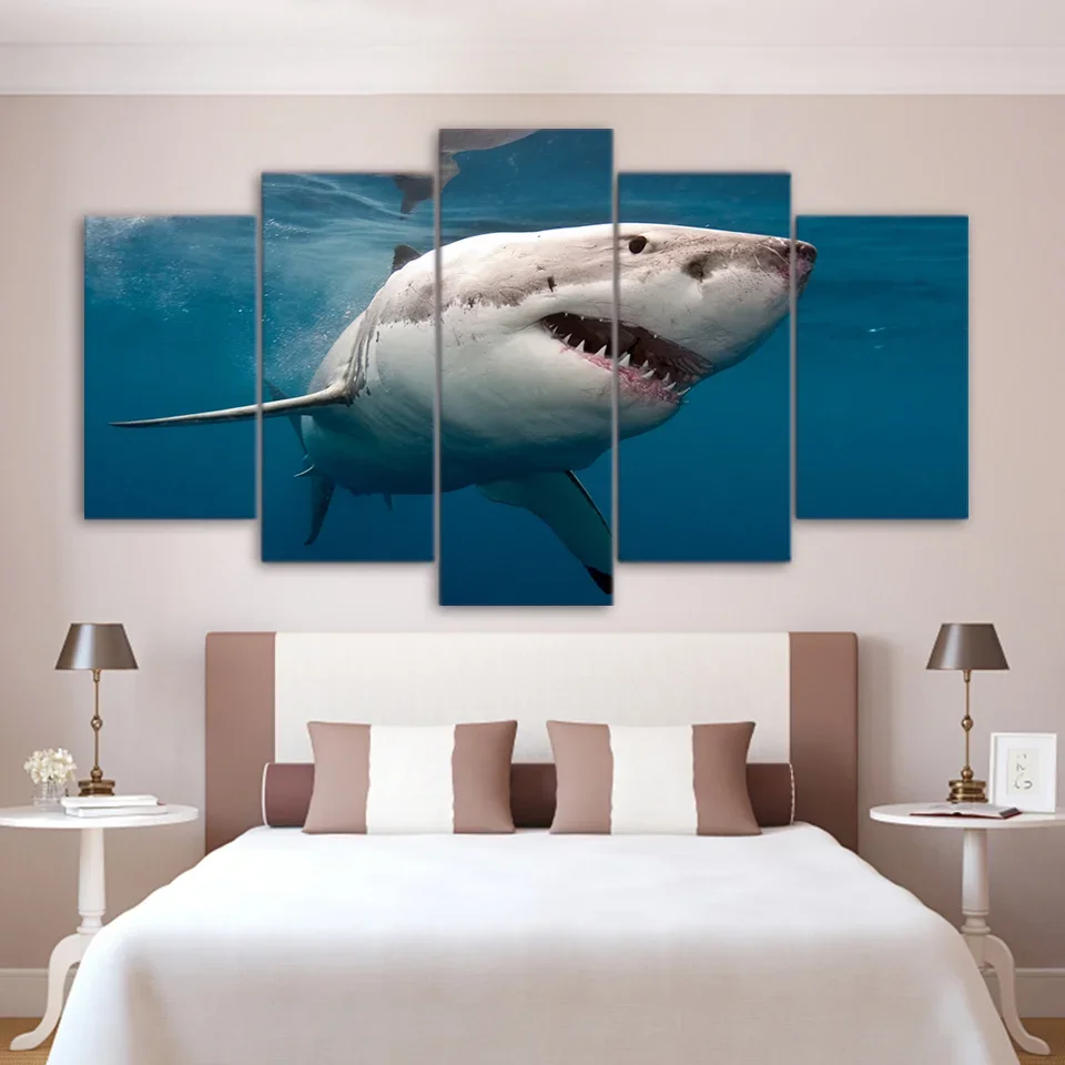 Unbremend 5 ks Great White Shark Animals Animals Morine Modré more maľby plátno Obrázok nástenné umelecké plagáty pre obývaciu izbu Domovod