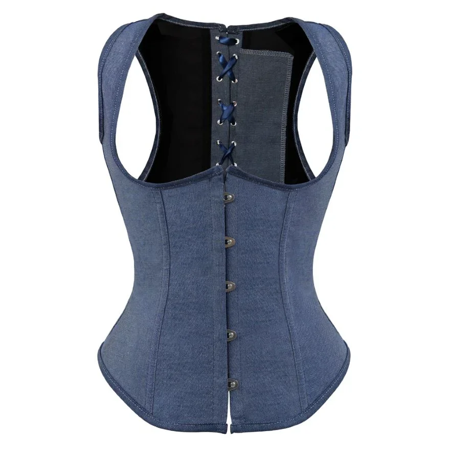 Unduste korzet vrch s popruhmi modrý denim džínsový pása tréner Bustier Body Shaper Vesta plus veľkosti korzet