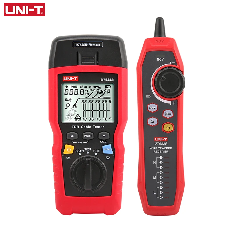 UNI T Sieťový kábel tester TDR UT685B KIT Tracker LAN TESTter RJ45 RJ11 Detector WIRING LCD DISPLETNÝ NIEČO