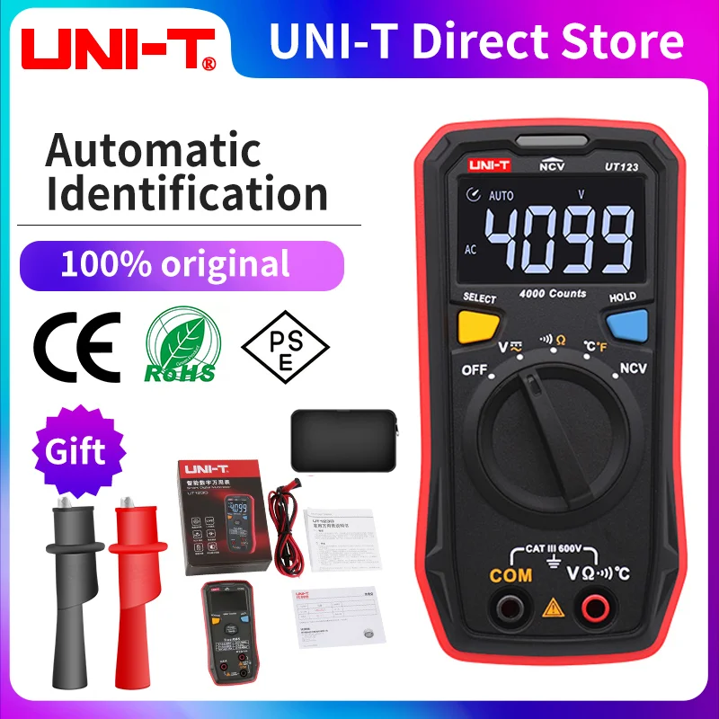 UNI-T UT123 MINI Digital Multimeter; AC DC napätie Meter; tester teploty OHM (OHM); testovací test NCV/Continuity/EBTN Color Screen Screen