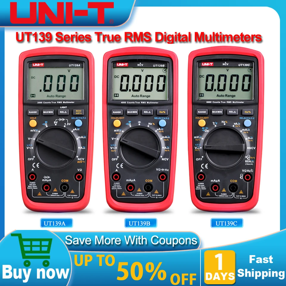 Uni-T UT139A UT139B UT139C TRUE RMS Digitálny multimeterový automatický rozsah AC DC Voltmeter Ammeter OHMMETER CACACCITANCE TESTter NCV