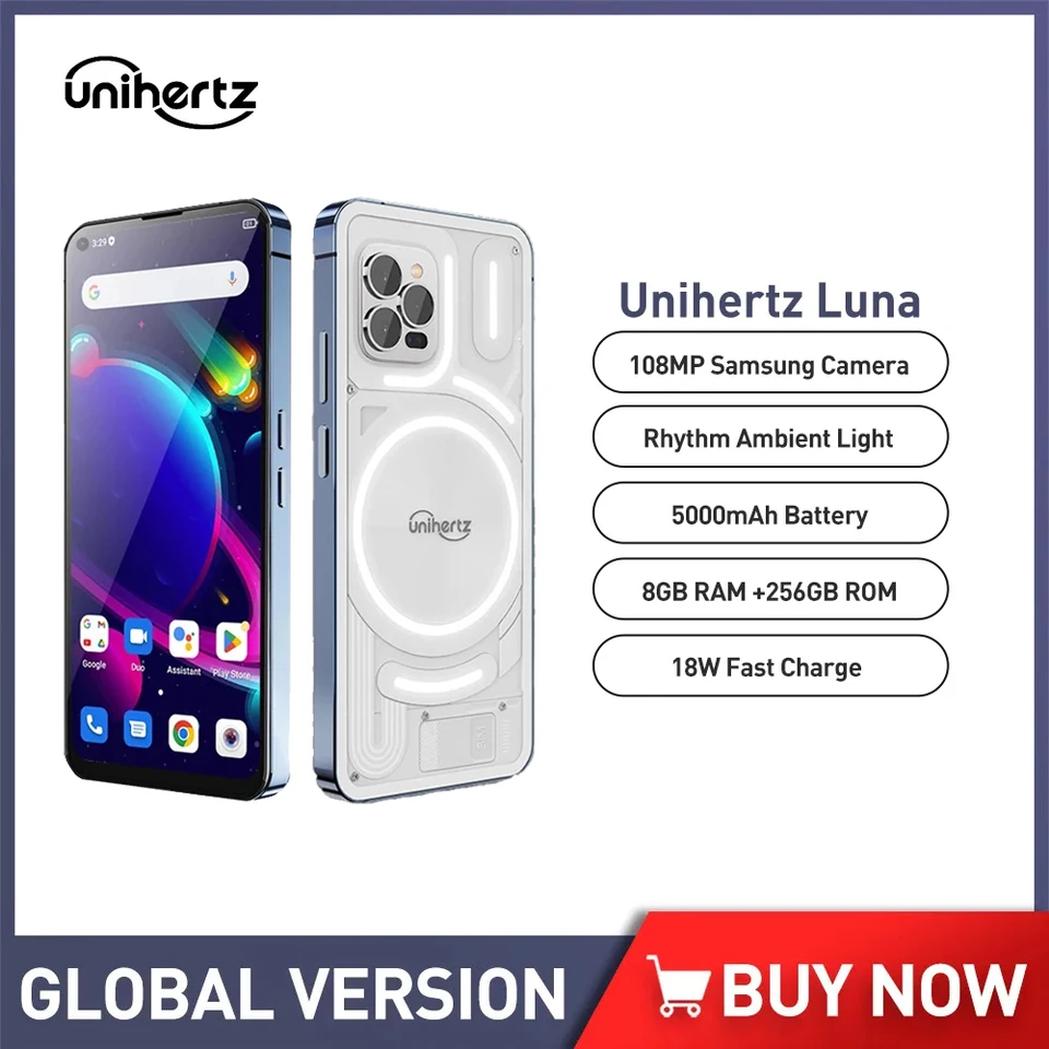 Unihertz Luna smartfón Android Rhythm Light Night Night Vision 8 GB RAM 256 GB ROM Mobilný telefón 108MP 5000 mAh mobil NFC NFC