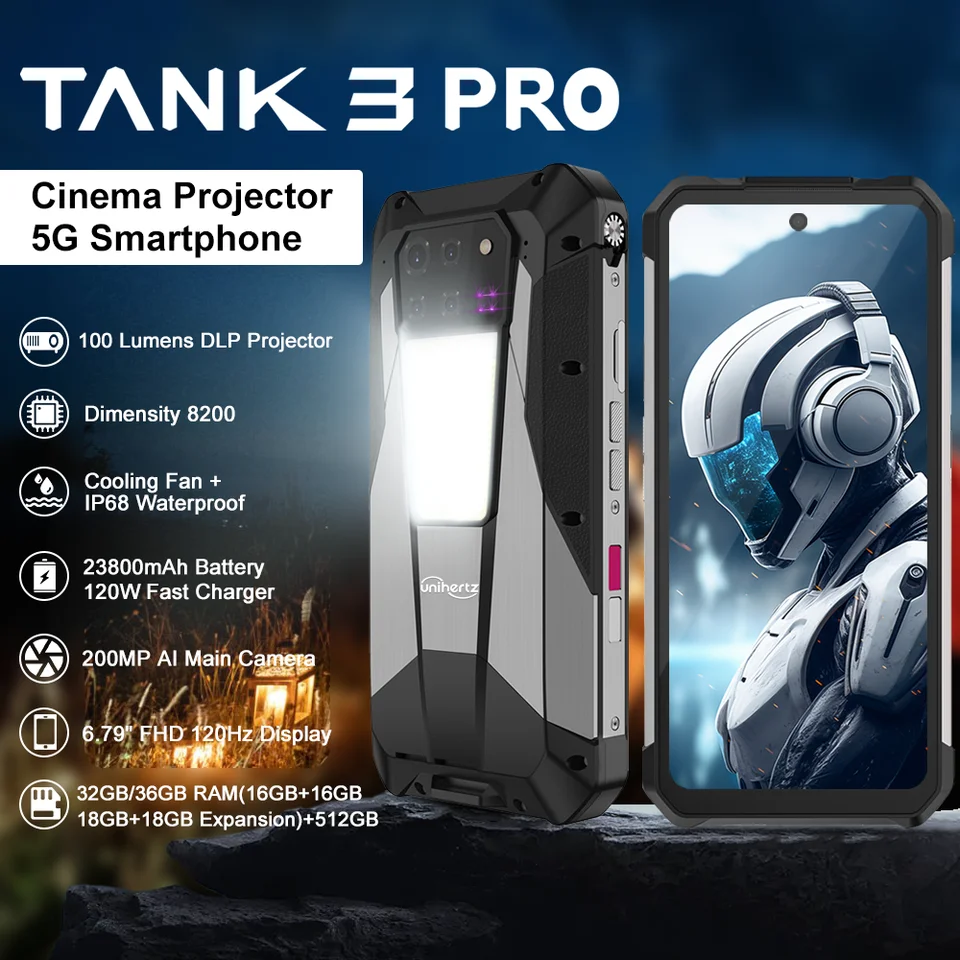 UniHertz Tank 3 Pro 8849 Rugged 5G telefón so 100 lúmenovými projektorom Android 14 32 GB 512 GB 23800MAH