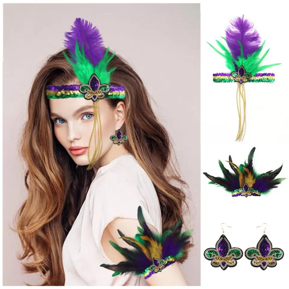 Unikátna karnevalová čelenka Mardi Gras Feather Headband Set pre ženy Masquerade Headress s flitrami trblietavý vlasový pás