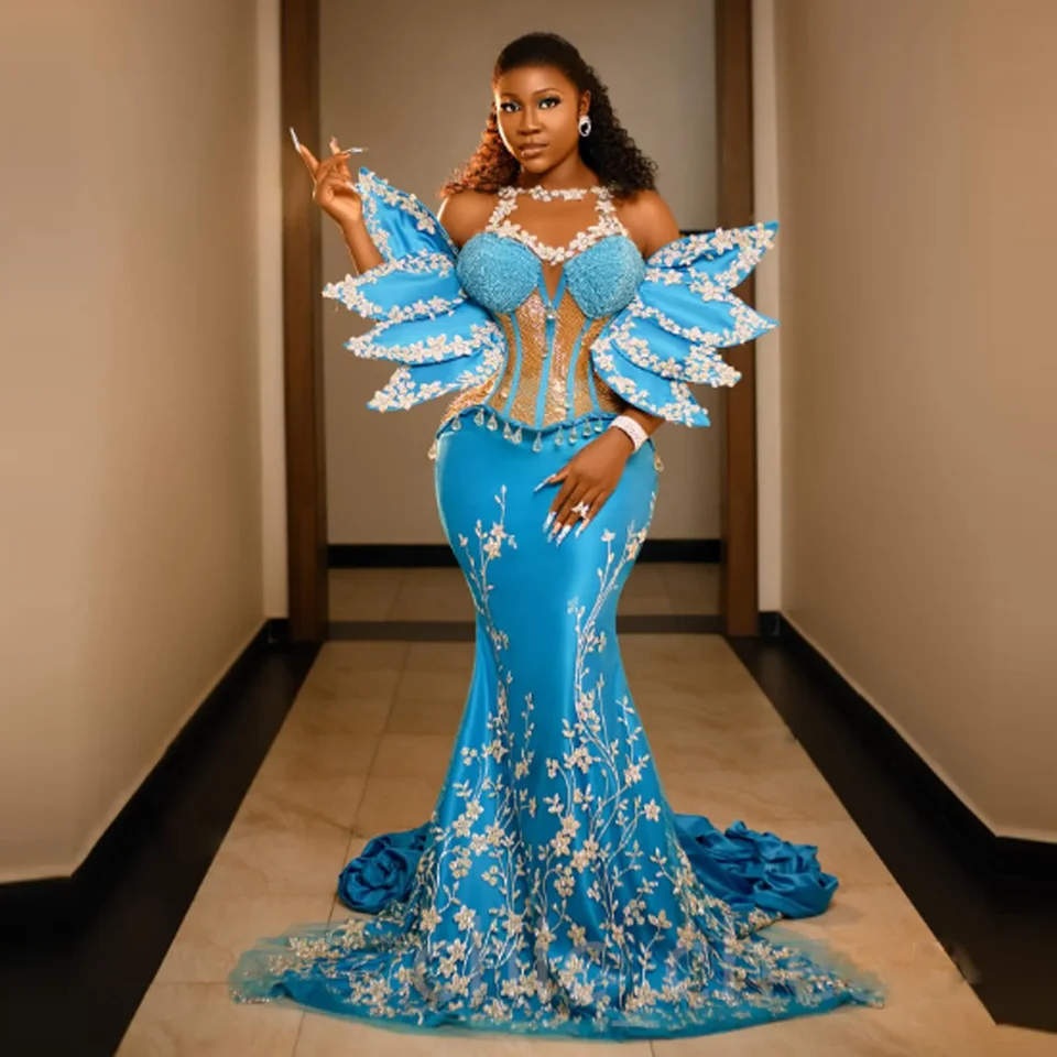 Unikátny dizajn Mermaid Prom šaty s sexy čipkadlámi Vestidos de Noche Aso Ebi čierne dievčatá nigérijské večerné večierky