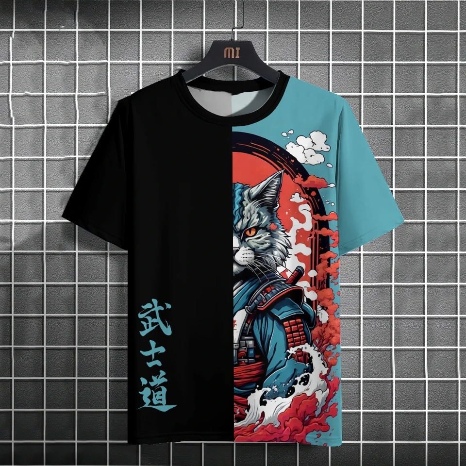 Unisex 2024 T košele Men Ženy Japonské samurajské mačka 3D tlačené tričká pre neformálne móda vtipné košeľa Top Tee Men Obliekanie