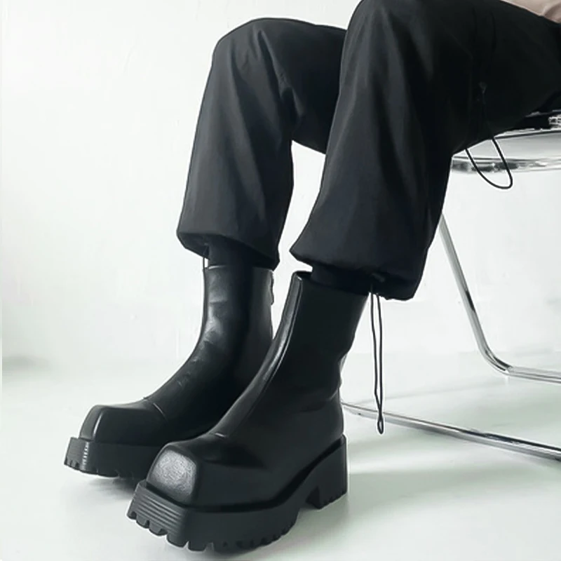 Unisex Big Square Toe For Gear Fooks kožené členkové topánky Žena zima 2025 Čierny sklz na topánku módne topánky pre ženy