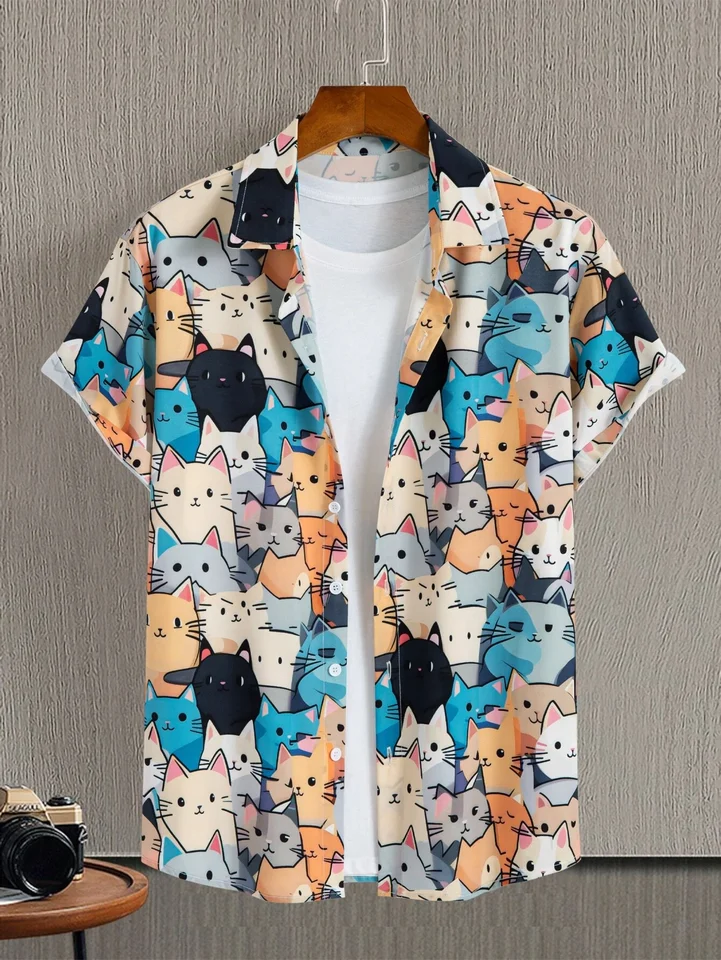 Unisex Fashion Pánske roztomilé mačky Tlač neformálne denné oblečenie 3D tlač s krátkym rukávom Módne havajské košele pre mužov harajuku