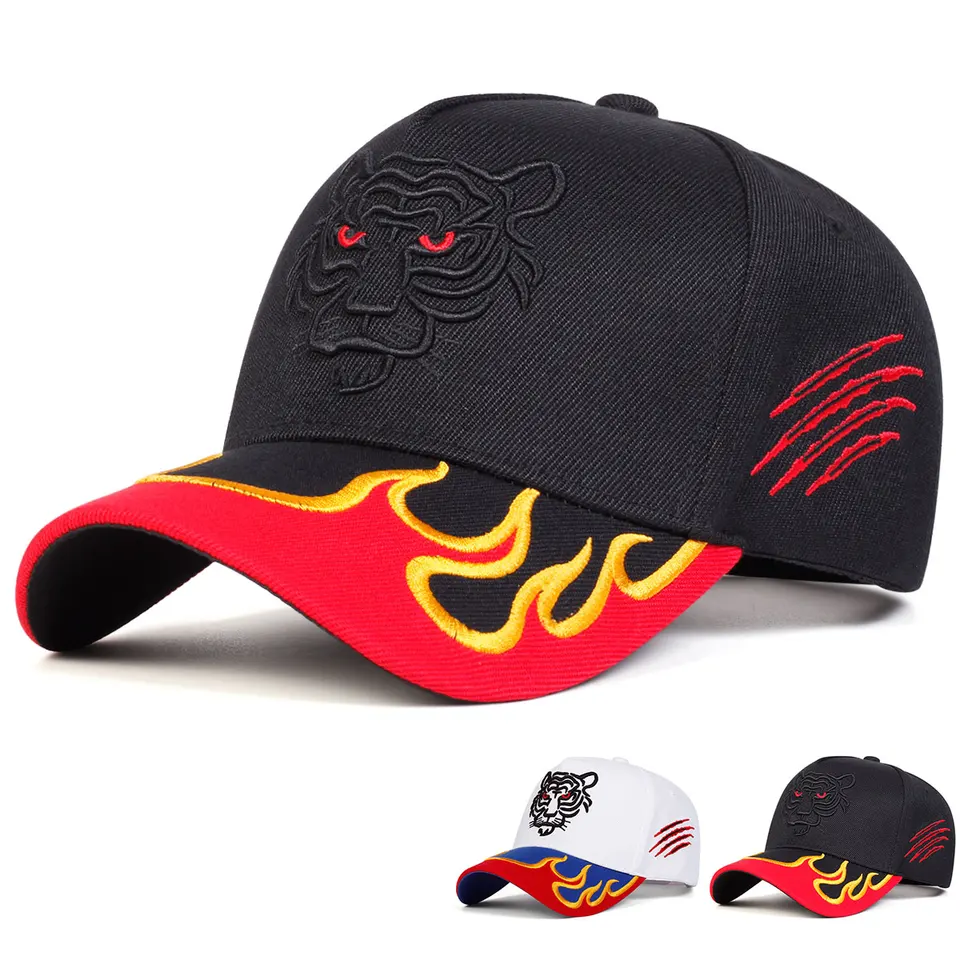 Unisex Flame Tiger Embroidery Baseball Caps Spring a jeseň vonkajšie nastaviteľné neformálne klobúky Sunkreen Hat