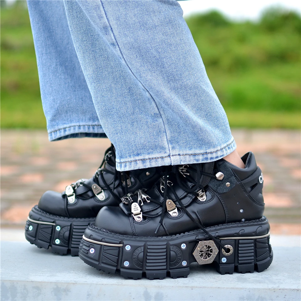 Unisex gotická punk kovová dekorácia okrúhly prst hustá podošva platforma Chunky podpätky mužov šnurovanie Populárne západné pouličné topánky