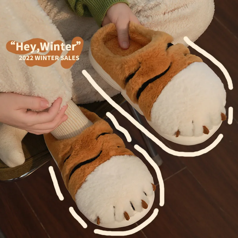 Unisex Indoor Cotton Plippers Domáce fuzzy zvierací tiger tigr labky bavlnené topánky zima teplá pazúrka Žena Indoor kožušina topánky