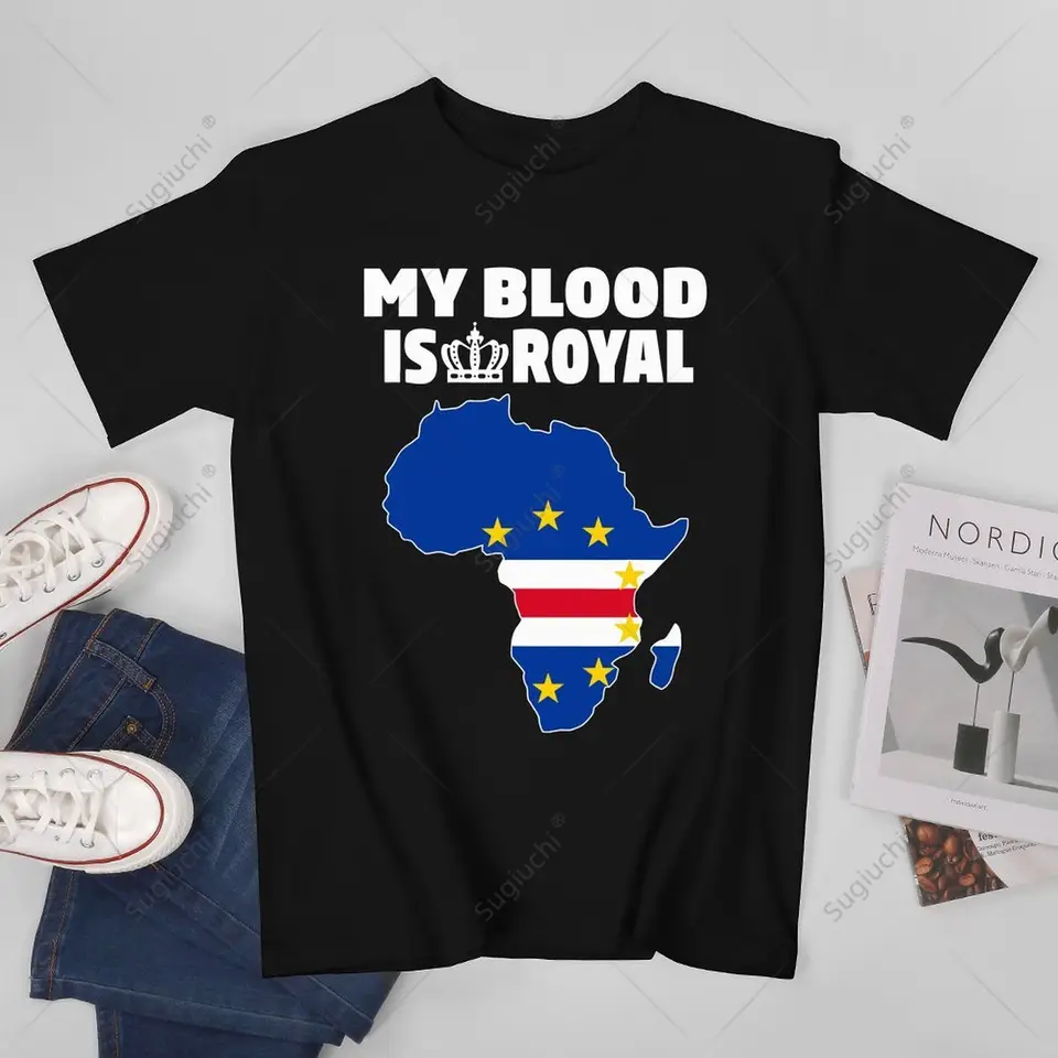 Unisex muži moja krv je kráľovská s vlajkou Cabo Cape Verde v Afrike mapa Tshirt Tees Tirts Dámske chlapci 100% bavlnené tričko