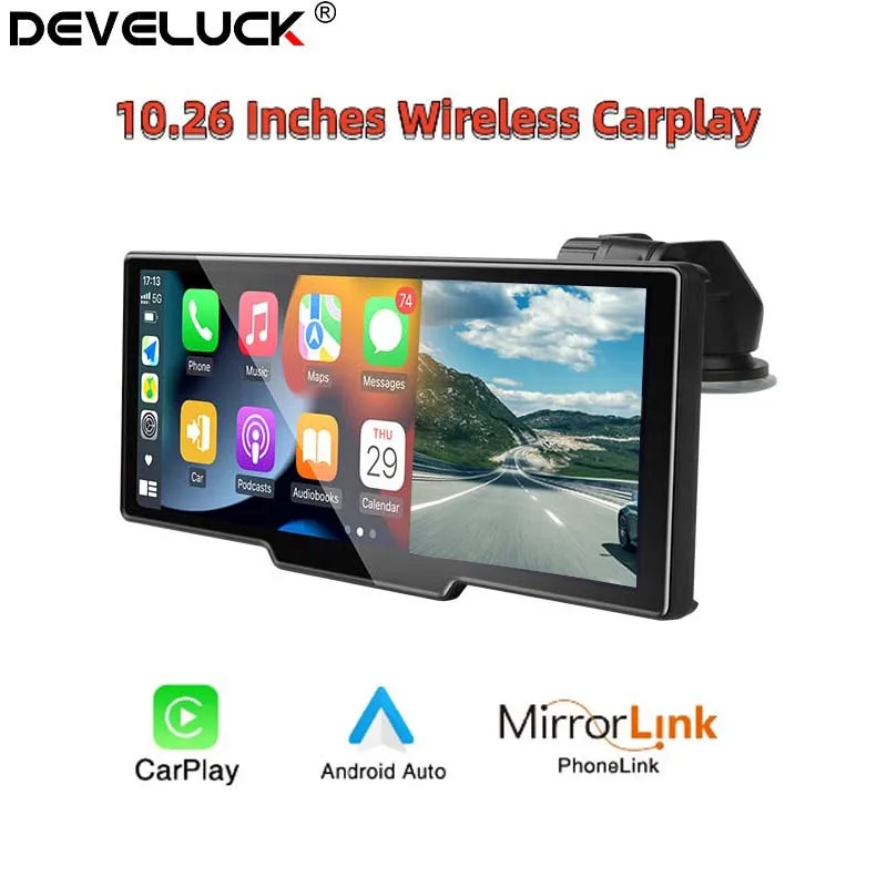 Universal 10.26 ”prenosný bezdrôtový CarPlay a Android Auto Smart Screen CAR DVR DASHCAM 4K predné a 1080p zadné fotoaparát WiFi Bluetooth