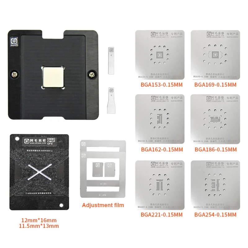 Universal EMMC EMCP UFS Reballing Jig Platform s BGA153 BGA162 BGA169 BGA186 BGA221 BGA254 BGA REBALLING SICK SÚDAJ s 0,15 mm