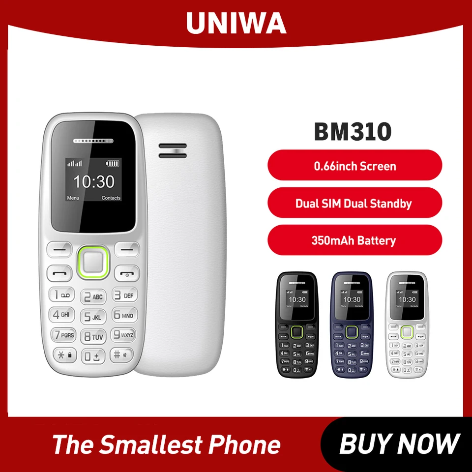 Uniwa BM310 Mini mobilný telefón Dual SIM FM Radio 2G GSM odomknutý telefón MTK6261D 0,66 palca super tenký malý telefón GSM
