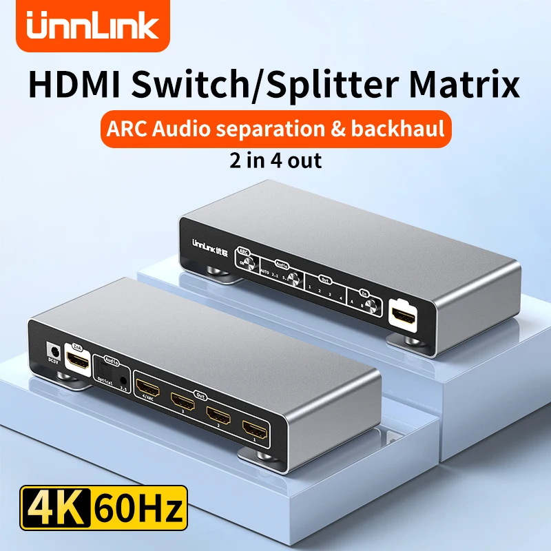 UNNLINK HDMI Splitter Switch Matrix 2 v 4 out 4K 60Hz s optickým toslinkom 3,5 mm oblúkový zvukový splitter PC na zosilňovač monitor TV Monitor