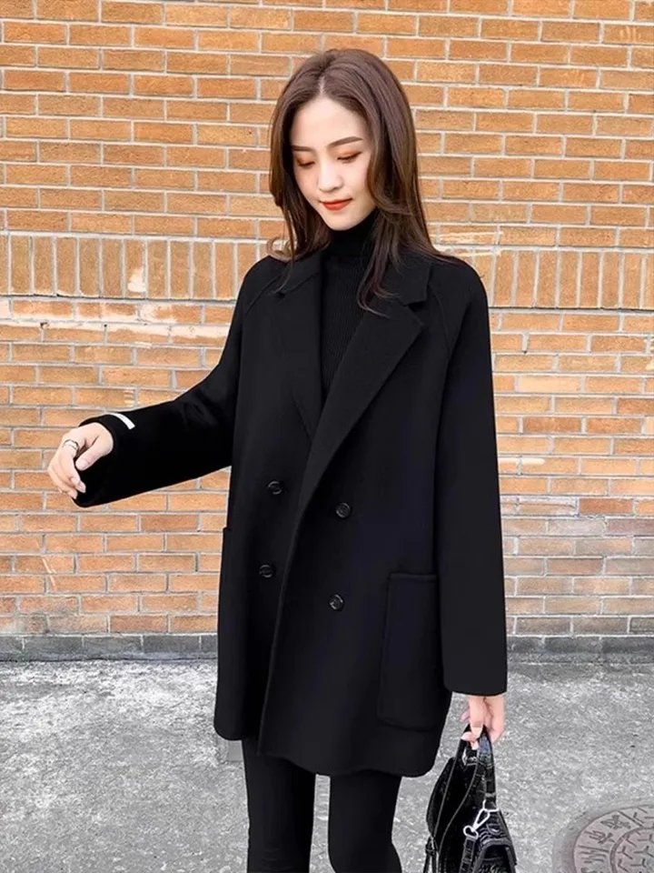 Unxx Black Blazer Wool Coat pre ženy ženská kancelárska dáma, jar/jeseň, plus voľný high-endový vlnený kabát v štýle hepburn v štýle hepburn
