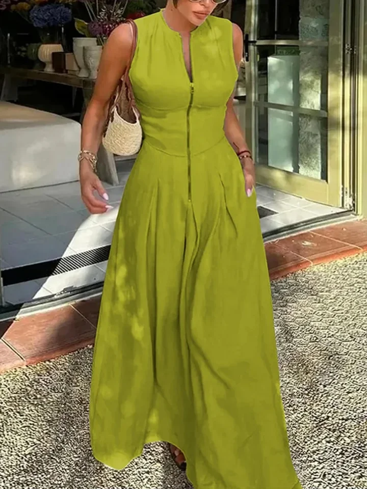 UOZEE OFFICKÁ LADY PUTMUME PLANED A-LINE šaty 2024 Nové letné móda Móda masívne farebné rukávy bez rukávov večer maxi šaty