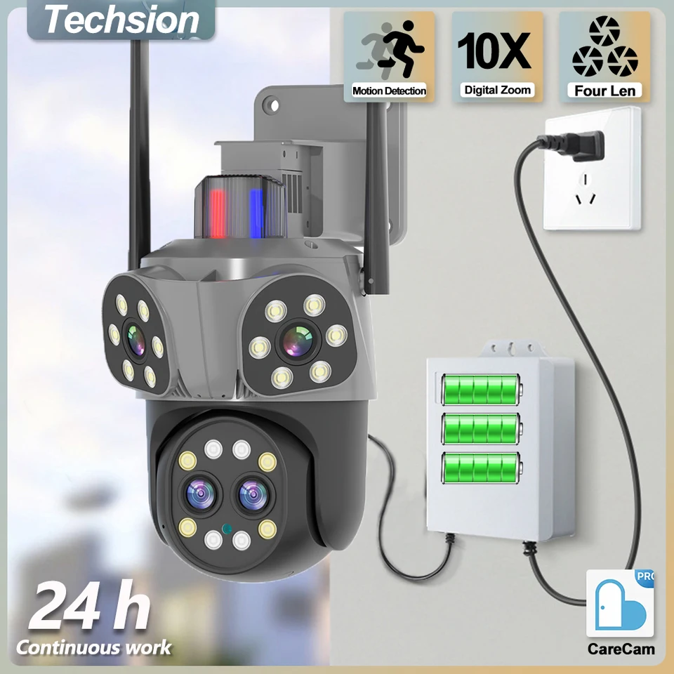 UPS 4K WiFi Camera Outdoor Four Lens Tri obrazovky CCTV 10X Zoom Night Vision Video Dozorný výpadok