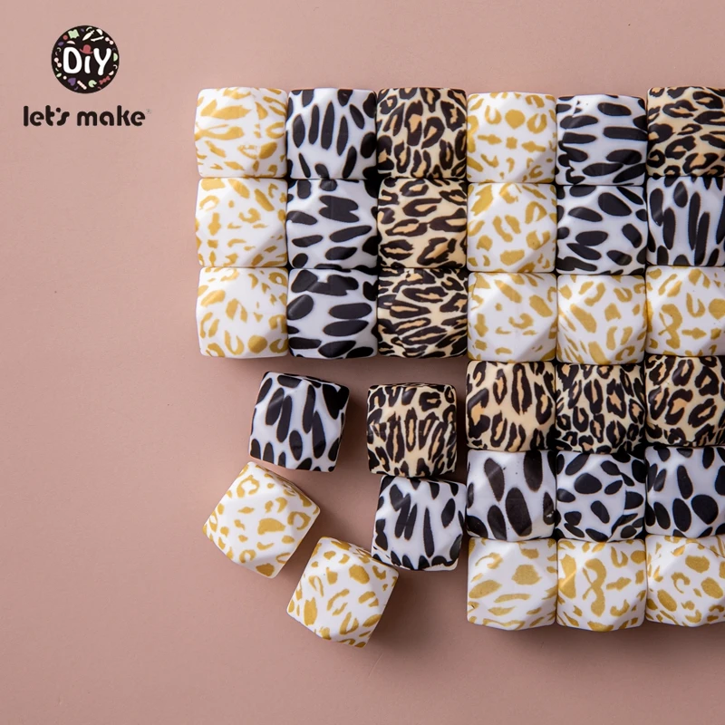 Urobme osemuholníkovo šesťuholníkové korálky 14 mm/17 mm 10ks leopard tlače Silikónové guľôčky Teether DIY Callice Clips GrEadlace náhrdelník