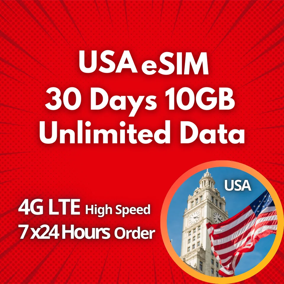 USA ESIM 10 GB predplatené dátové SIM karty, neobmedzené 4G LTE High Speed ​​and Telefon Call (bez potreby register) Žiadne SMS