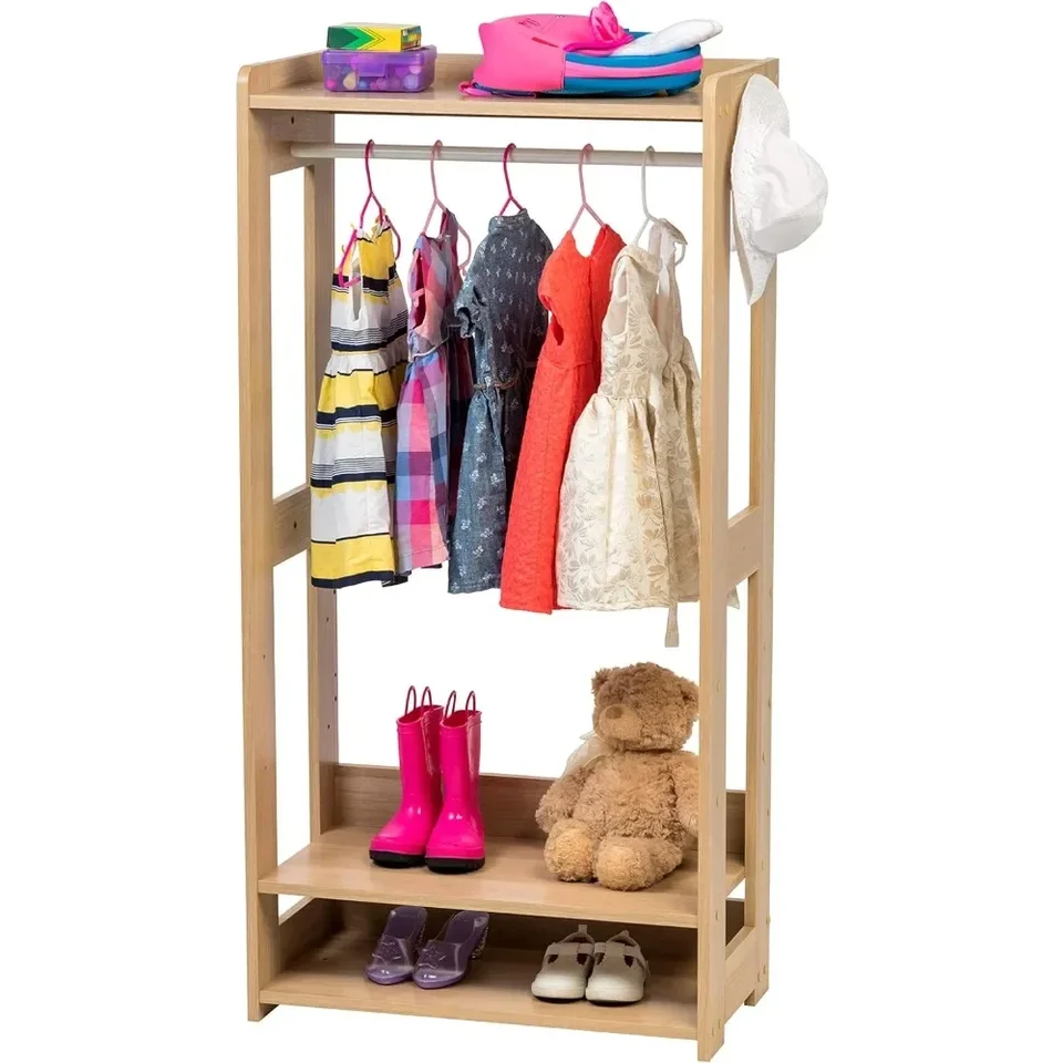 USA Small Open Wood Clothing Rack pre malé priestory, stojan na odevy s policami, odevový stojan s bočným háčikom