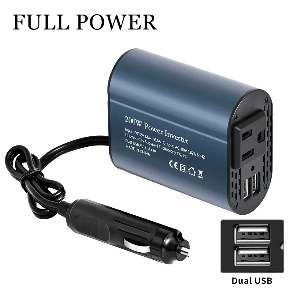 USA Socket 200W Power Inverter DC 12V až 110 V 60Hz AC Inverter Converter Converter s adaptérom automobilov s dvoma USB 3,1A