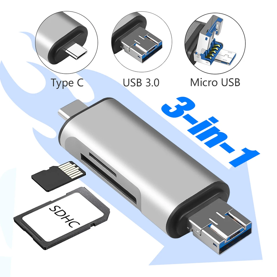 USB 3.0 MICRO USB TYPE C KARTA KARTY Vysokorýchlostný prenos prenosu OTG OTG Adaptér SDHC SD TF MicroSD Reader pre tablety pre laptop telefón