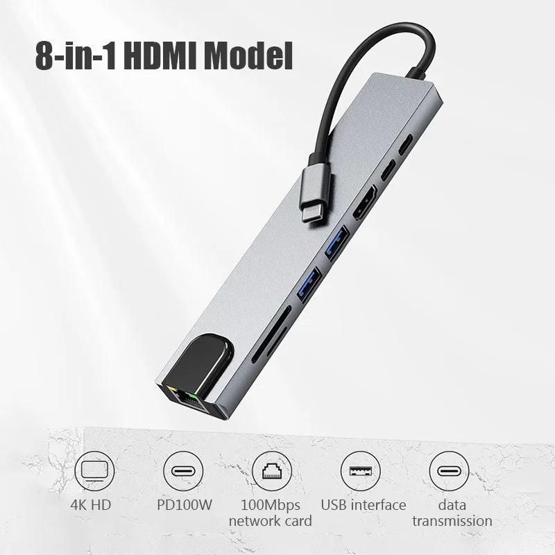 USB 8 v 1 typu C 3 1 až 4K HDTV Hub Adapter s SD TF RJ45 Card Reader PD Rýchly poplatok pre počítač MacBook Notebook